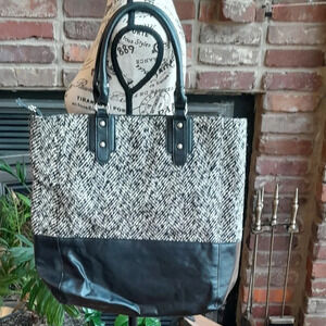 Black and White Wool Herringbone Tote